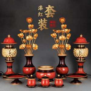 虹晶純銅佛具套裝供佛用品家用全套敬供神燈盤佛前香爐供水杯花瓶