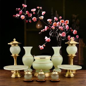 佛具用品黃銅玉石香爐果盤供杯佛前供燈聖水杯花瓶家用供具套裝