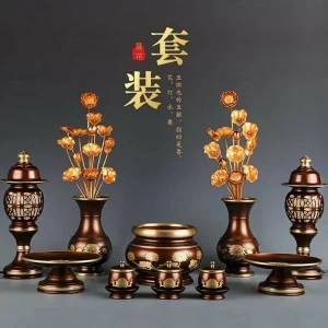 佛具套裝純銅供佛用品家用全套敬神佛前香爐供水杯供盤花瓶供佛燈
