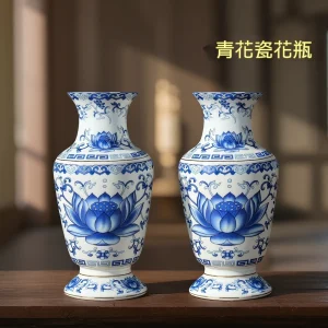 青花瓷花瓶陶瓷蓮花花瓶供佛花瓶擺件佛堂觀音佛前供奉插花淨水瓶